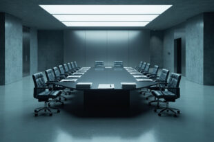 Empty high-security conference room with polished table, official folders, and modern government building architecture
