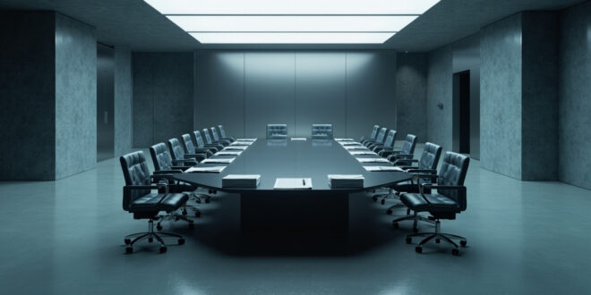 Empty high-security conference room with polished table, official folders, and modern government building architecture