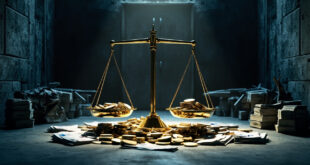 Golden balance scales weighing euro coins against military drone parts in concrete vault setting