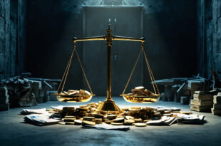 Golden balance scales weighing euro coins against military drone parts in concrete vault setting