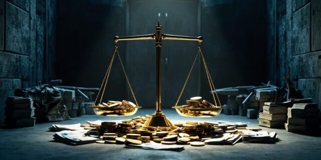 Golden balance scales weighing euro coins against military drone parts in concrete vault setting