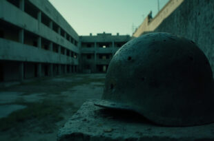 Weathered military helmet sits on concrete ledge in empty training facility courtyard with barracks buildings in background.