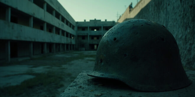 Weathered military helmet sits on concrete ledge in empty training facility courtyard with barracks buildings in background.