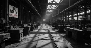 Empty industrial workspace with machinery and job posting boards showing skills mismatch crisis