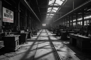 Empty industrial workspace with machinery and job posting boards showing skills mismatch crisis