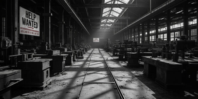 Empty industrial workspace with machinery and job posting boards showing skills mismatch crisis
