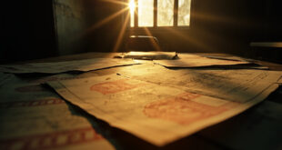 Official visa documents and stamps scattered across an empty desk in an abandoned government office