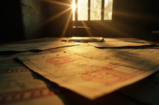 Official visa documents and stamps scattered across an empty desk in an abandoned government office