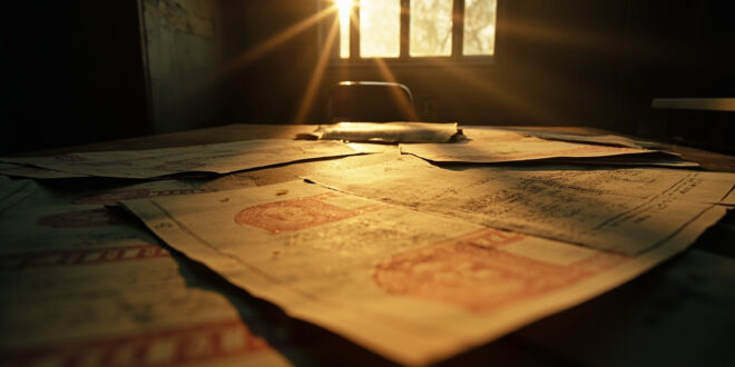 Official visa documents and stamps scattered across an empty desk in an abandoned government office