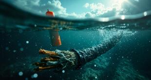 Damaged underwater telecommunications cable emerges from dark waters of stormy Baltic Sea near industrial coastal infrastructure