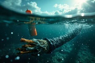 Damaged underwater telecommunications cable emerges from dark waters of stormy Baltic Sea near industrial coastal infrastructure
