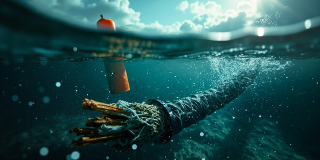 Damaged underwater telecommunications cable emerges from dark waters of stormy Baltic Sea near industrial coastal infrastructure