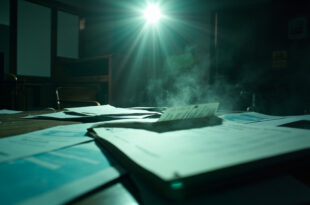 Official welfare documents and forms stacked on an empty desk in a vacant government administrative office