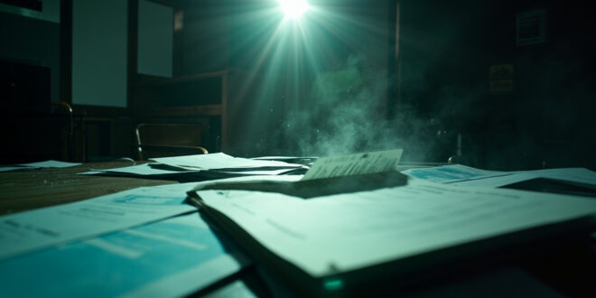 Official welfare documents and forms stacked on an empty desk in a vacant government administrative office