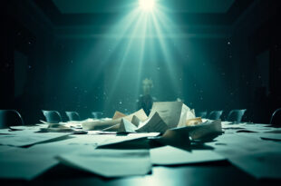 Abandoned briefing documents scattered across conference table in empty chancellor's office after diplomatic summit