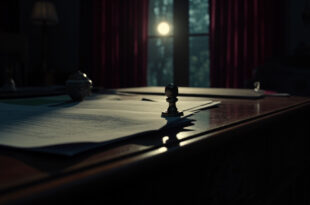 Government desk with scattered official documents, rubber stamps, and policy papers in moody lighting.
