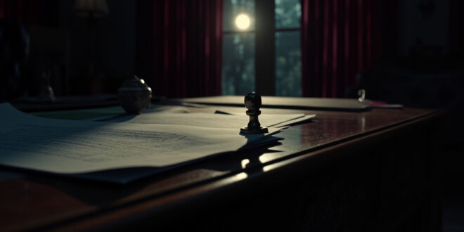 Government desk with scattered official documents, rubber stamps, and policy papers in moody lighting.