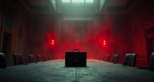 Locked diplomatic briefcase on deserted conference table in abandoned government hall with dramatic lighting