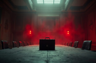 Locked diplomatic briefcase on deserted conference table in abandoned government hall with dramatic lighting