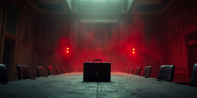 Locked diplomatic briefcase on deserted conference table in abandoned government hall with dramatic lighting