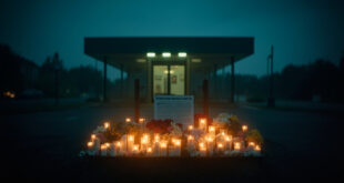 White memorial candles and flower bouquets arranged at a police station entrance glowing in evening dusk light.