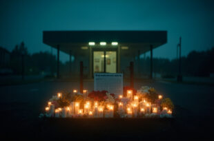 White memorial candles and flower bouquets arranged at a police station entrance glowing in evening dusk light.