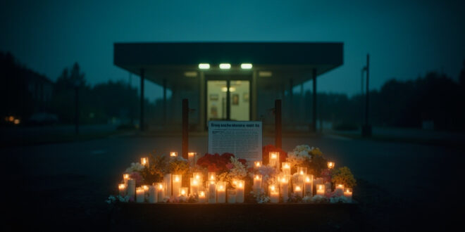 White memorial candles and flower bouquets arranged at a police station entrance glowing in evening dusk light.