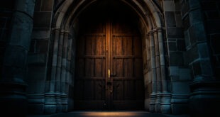 Massive wooden church doors with iron hardware set in stone Gothic archway under evening light