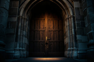 Massive wooden church doors with iron hardware set in stone Gothic archway under evening light