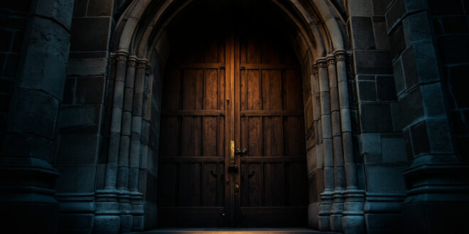 Massive wooden church doors with iron hardware set in stone Gothic archway under evening light