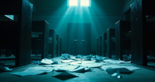 Empty courtroom with scattered legal papers on judge's bench after verdict in deserted administrative courthouse