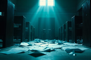 Empty courtroom with scattered legal papers on judge's bench after verdict in deserted administrative courthouse