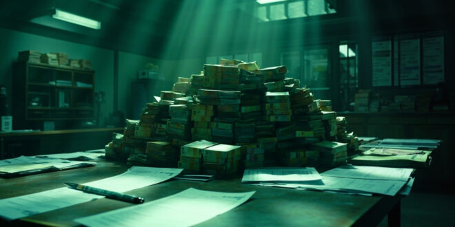 Stacks of euro banknotes with budget documents and calculators on an office desk with filing cabinets in the background.