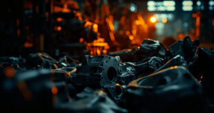 Metallic automotive parts and industrial machinery in abandoned factory setting with dramatic lighting