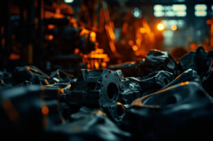 Metallic automotive parts and industrial machinery in abandoned factory setting with dramatic lighting