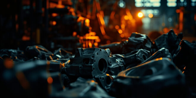 Metallic automotive parts and industrial machinery in abandoned factory setting with dramatic lighting