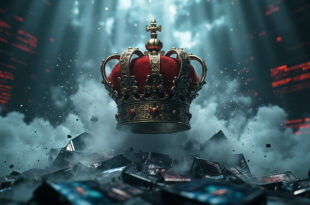 Ornate wine festival crown suspended above fragmented digital screens with burgundy and blue lighting.