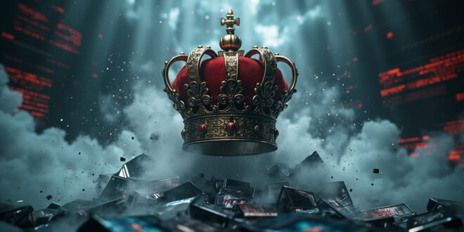 Ornate wine festival crown suspended above fragmented digital screens with burgundy and blue lighting.