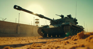 Military tank positioned behind concrete barriers at desert border crossing with watchtowers