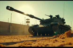 Military tank positioned behind concrete barriers at desert border crossing with watchtowers