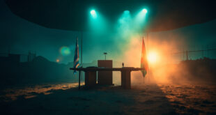 Abandoned microphone at empty podium in deserted government briefing room with lone Israeli flag and checkpoint barrier at dusk