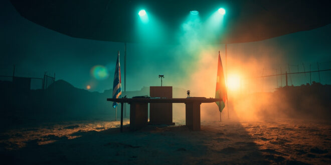Abandoned microphone at empty podium in deserted government briefing room with lone Israeli flag and checkpoint barrier at dusk