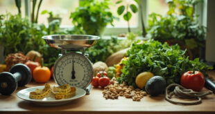Vintage scale surrounded by fresh vegetables and workout equipment on wooden kitchen counter