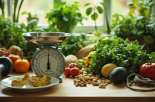Vintage scale surrounded by fresh vegetables and workout equipment on wooden kitchen counter