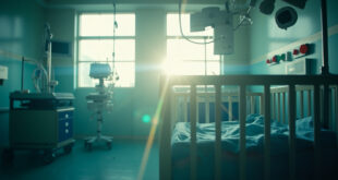 Empty NICU room at dawn with ventilator, monitors, and hospital crib on standby, illuminated in soft blue and white light.