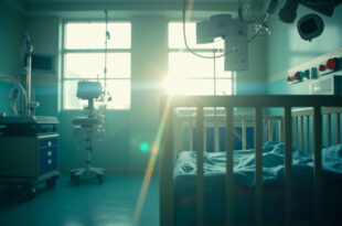 Empty NICU room at dawn with ventilator, monitors, and hospital crib on standby, illuminated in soft blue and white light.