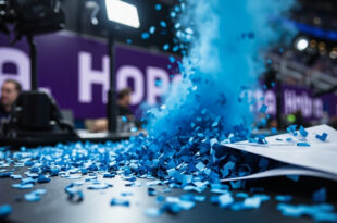 Opened envelope with blue confetti scattered on broadcast table surrounded by purple team merchandise and stadium equipment
