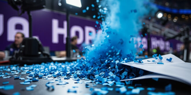 Opened envelope with blue confetti scattered on broadcast table surrounded by purple team merchandise and stadium equipment