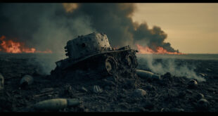 Rusted wartime shell fragments scattered across blackened moorland with smoke rising from burning peat