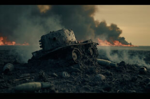 Rusted wartime shell fragments scattered across blackened moorland with smoke rising from burning peat